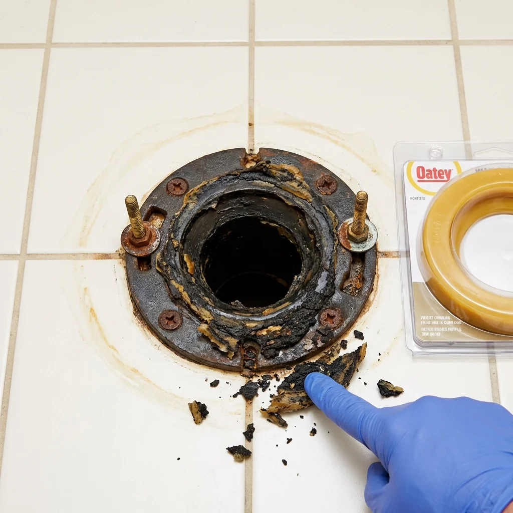 Failed wax ring showing water seepage at the base of a toilet in a Camden, SC home