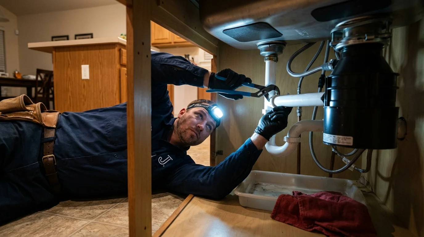 P-trap and supply line connections under a kitchen sink showing a common leak point in Camden, SC